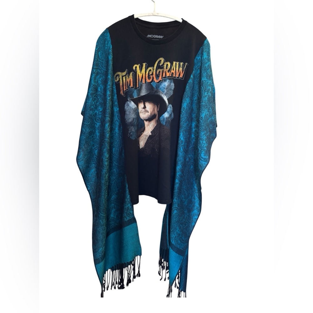 Tim McGraw Graphic Tee with Teal Paisley Upcycle Country Rocktop Poncho
